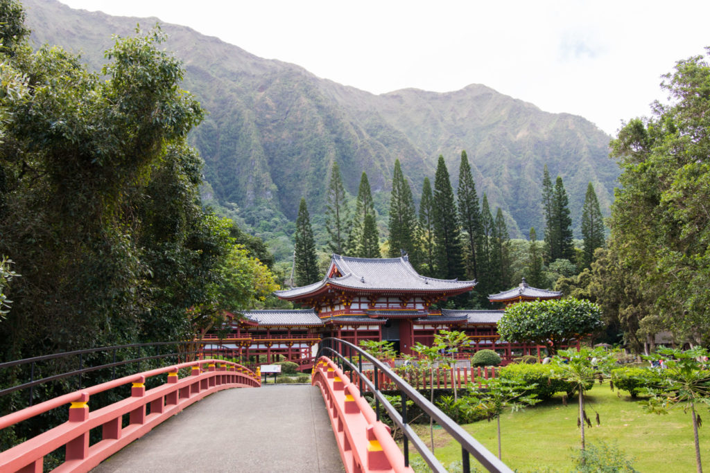 Bridge leading to Byodo-In Temple in Kaneoe, Hawaii's windward side.