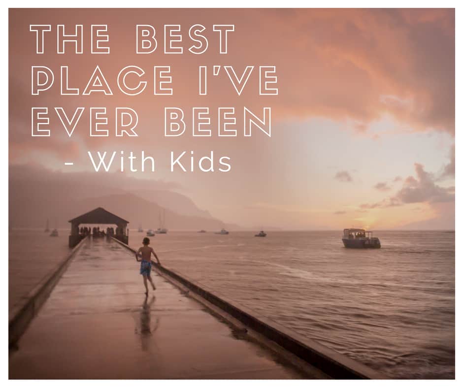 Boy runs along a boardwalk at sunset. Caption: "The best place I've ever been - with kids."