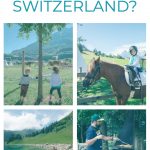 toddler rides a horse in the swiss alps in a family friendly resort.