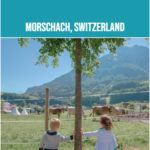 Twin toddlers lean against a tree in Morschach, Switzerland in front of the resort farm