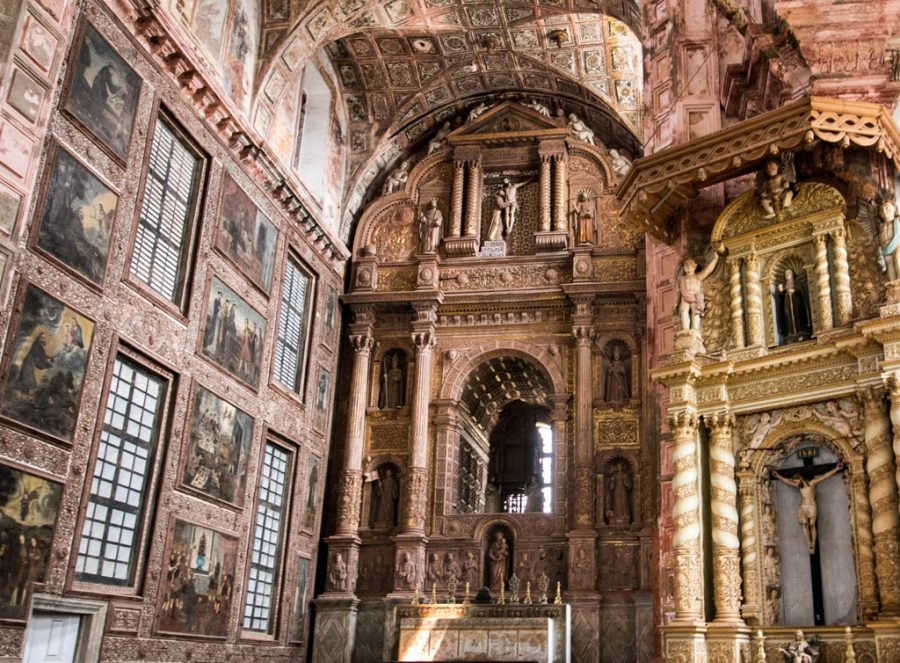 Golden Interior of a catholic church in Goa, India.